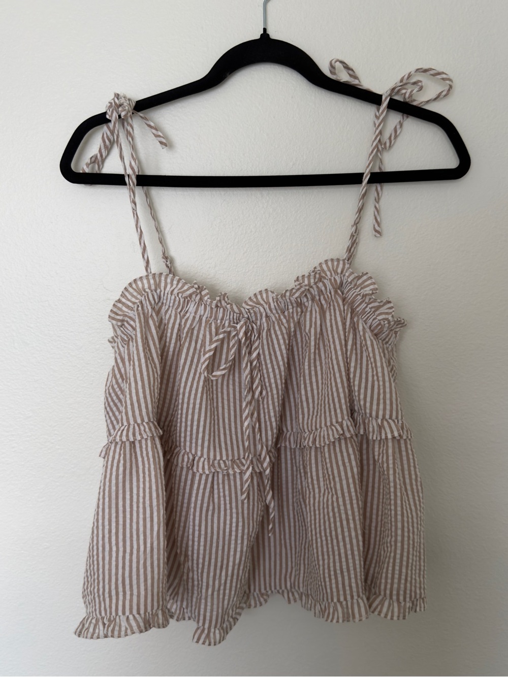 Lotus and lavender Striped Tie-Shoulder Ruffled Cami Top - Beige/White